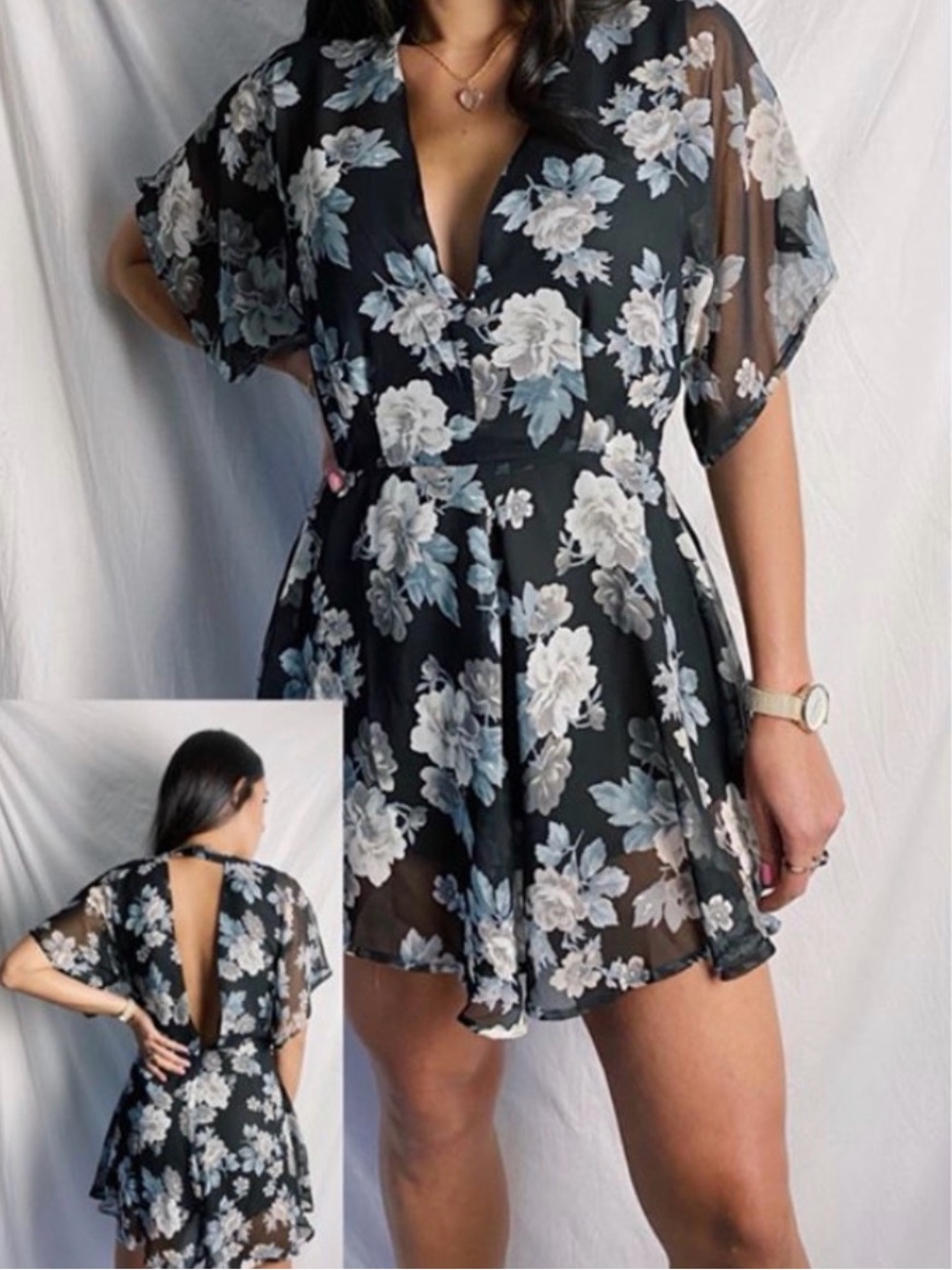 Sheer Black Floral V-Neck Romper